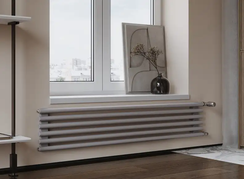 Трубчатый радиатор с круглой трубой 32 мм GUARDO TORRE 3D 382 мм высотой, 400 мм шириной, 8 секций, нижнее по краям подключение, 3D-0400-08 BK-VER R7040(G) серый глянец