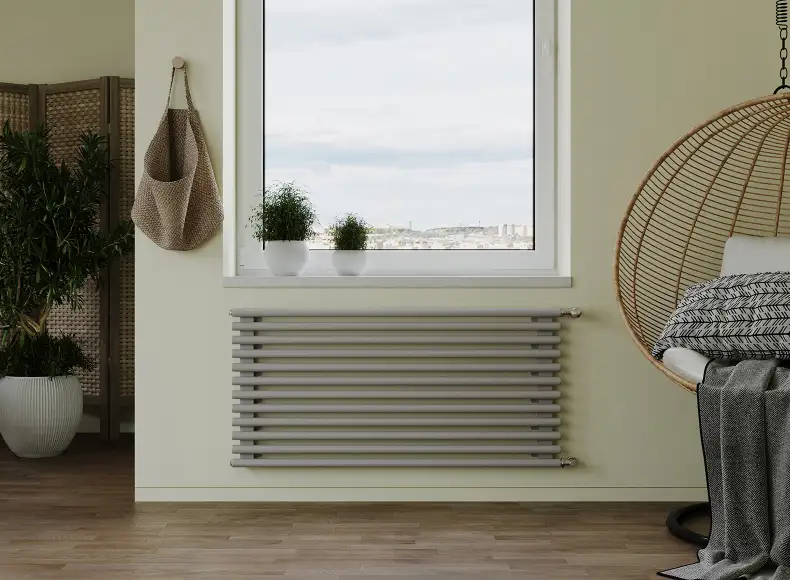 Трубчатый радиатор с круглой трубой 32 мм GUARDO TORRE 3D 632 мм высотой, 400 мм шириной, 13 секций, нижнее по краям подключение, 3D-0400-13 BK-VER R7040(G) серый глянец