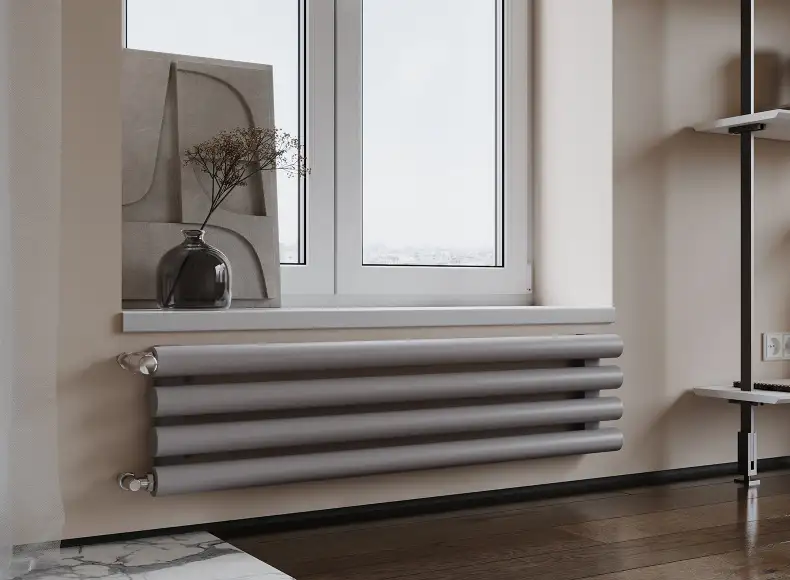 Трубчатый радиатор с круглой трубой 60 мм GUARDO TORRE 6D 139 мм высотой, 400 мм шириной, 2 секции, нижнее по краям подключение, 6D-0400-02 BK-VER R7040(G) серый глянец