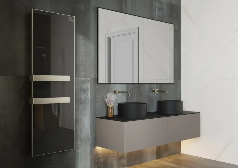 Дизайн-полотенцесушитель Guardo Santarelli Glass 986x486x37, цвет стекла - УФ печать, цвет профиля - черный (электрический)