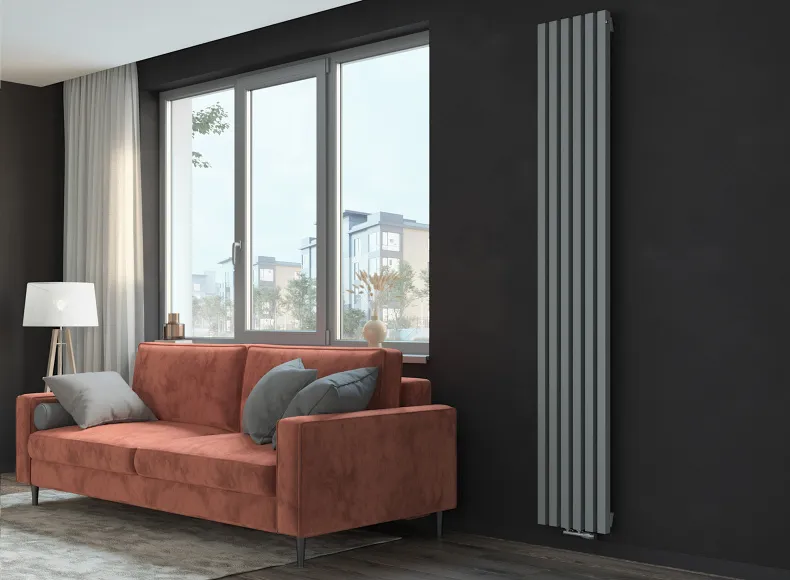 Трубчатый радиатор с квадратным профилем 40x40 GUARDO RETTA 4P 2000 мм высотой, 100 мм шириной, 2 секции, нижнее по краям подключение, 4P-2000-02 BK-GOR RAL7040 серый глянец