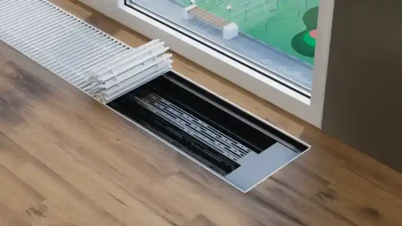 Внутрипольный конвектор Vitron электрический с естественной конвекцией без вентилятора (высота 90 мм, ширина 300 мм, длина 700 мм) c декоративной L-рамкой и решеткой