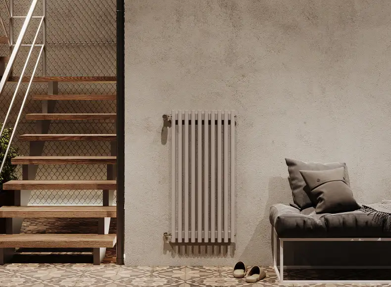 Трубчатый радиатор с круглой трубой 32 мм GUARDO TORRE 3D высотой 1100 мм, 82 мм шириной, 2 секции, нижнее в крайних секциях подключение, 3D-1100-02 BK-GOR R7040(G) серый глянец