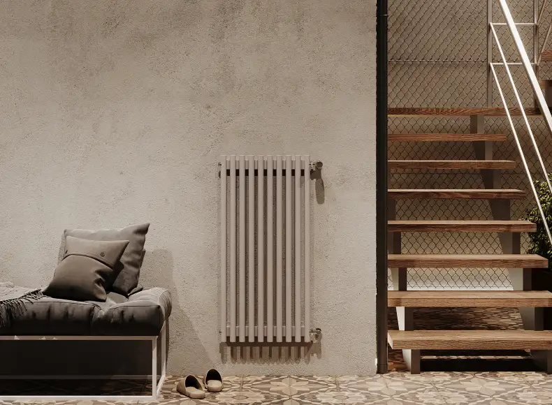 Трубчатый радиатор с круглой трубой 32 мм GUARDO TORRE 3D высотой 1300 мм, 82 мм шириной, 2 секции, нижнее в крайних секциях подключение, 3D-1300-02 BK-GOR R7040(G) серый глянец