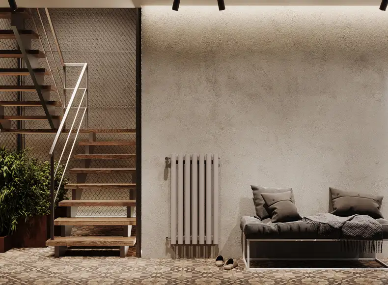 Трубчатый радиатор с круглой трубой 60 мм GUARDO TORRE 6D высотой 900 мм, 139 мм шириной, 2 секции, нижнее левое подключение, 6D-0900-02 NK-VER-L R7040(G) серый глянец