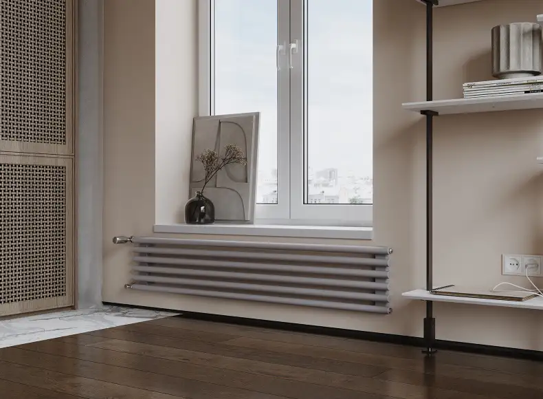 Трубчатый радиатор с круглой трубой 32 мм GUARDO TORRE 3D 332 мм высотой, 400 мм шириной, 7 секций, нижнее по краям подключение, 3D-0400-07 BK-VER R7040(G) серый глянец