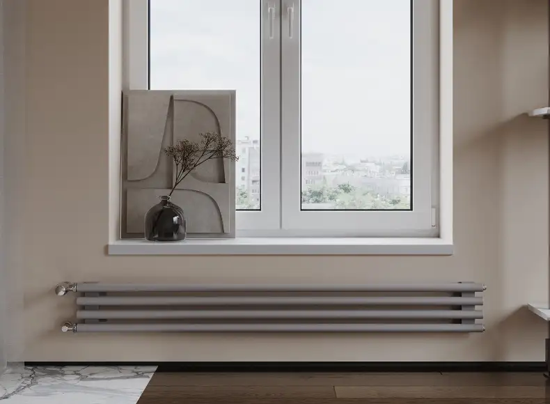 Трубчатый радиатор с круглой трубой 32 мм GUARDO TORRE 3D 132 мм высотой, 400 мм шириной, 3 секции, нижнее по краям подключение, 3D-0400-03 BK-VER R7040(G) серый глянец