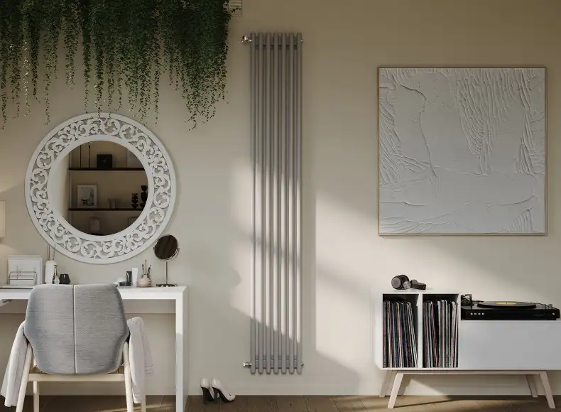 Трубчатый радиатор с круглой трубой 32 мм GUARDO TORRE 3D 2высотой 2500 мм, 82 мм шириной, 2 секции, нижнее в крайних секциях подключение, 3D-2500-02 BK-GOR R7040(G) серый глянец