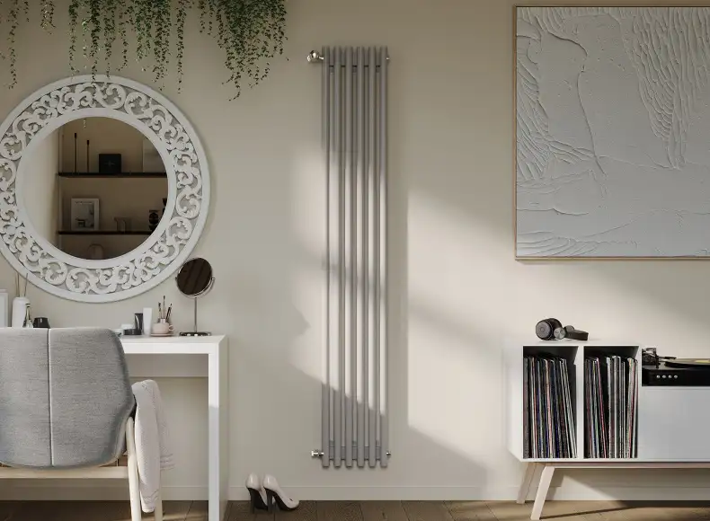 Трубчатый радиатор с круглой трубой 32 мм GUARDO TORRE 3D высотой 1800 мм, 82 мм шириной, 2 секции, нижнее в крайних секциях подключение, 3D-1800-02 BK-GOR R7040(G) серый глянец