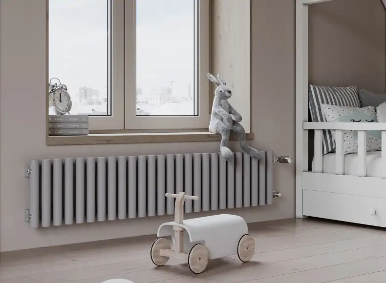 Трубчатый радиатор с круглой трубой 42 мм GUARDO TORRE 4D высотой 300 мм, 100 мм шириной, 2 секции, нижнее в крайних секциях подключение, 4D-0300-02 BK-GOR R7040(G) серый глянец