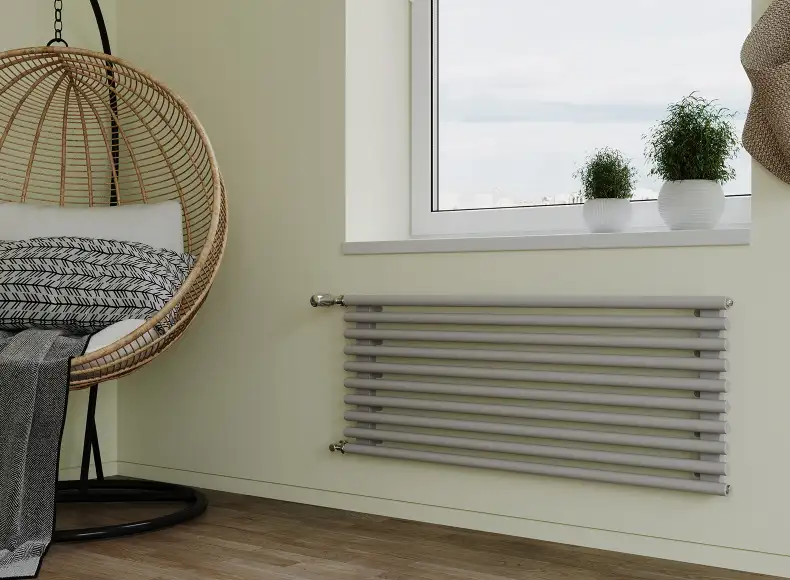 Трубчатый радиатор с круглой трубой 32 мм GUARDO TORRE 3D 482 мм высотой, 400 мм шириной, 10 секций, нижнее по краям подключение, 3D-0400-10 BK-VER R7040(G) серый глянец