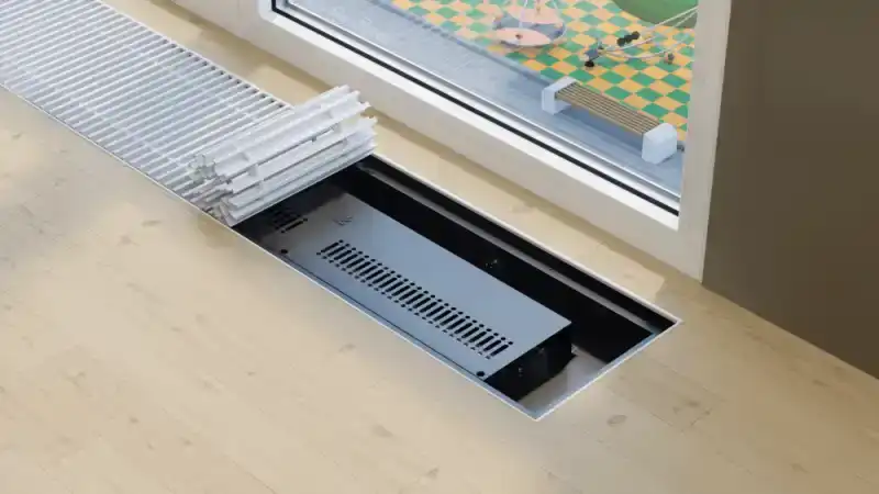 Внутрипольный конвектор Vitron электрический с принудительной конвекцией с вентилятором (высота 90 мм, ширина 260 мм, длина 500 мм) c декоративной L-рамкой и решеткой